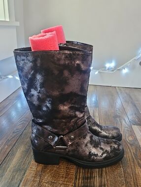 Simply Vera Vera Wang Distressed Metallic Black Mid-Calf Heeled Boots